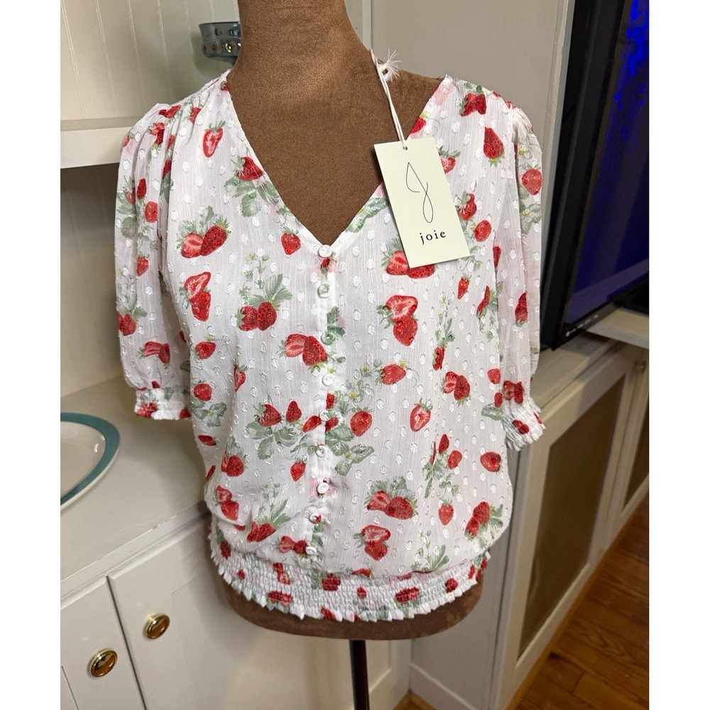 Joie Women's White Strawberry Floral V-Neck Button Puff Sleeve Smocked Blouse S